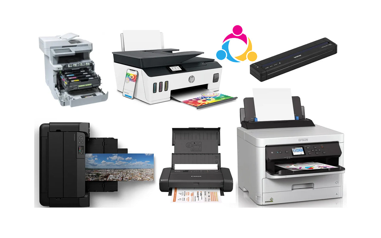 Een afbeelding die verschillende soorten printers laat zien: inkjet, laser, alles-in-één en fotoprinters.