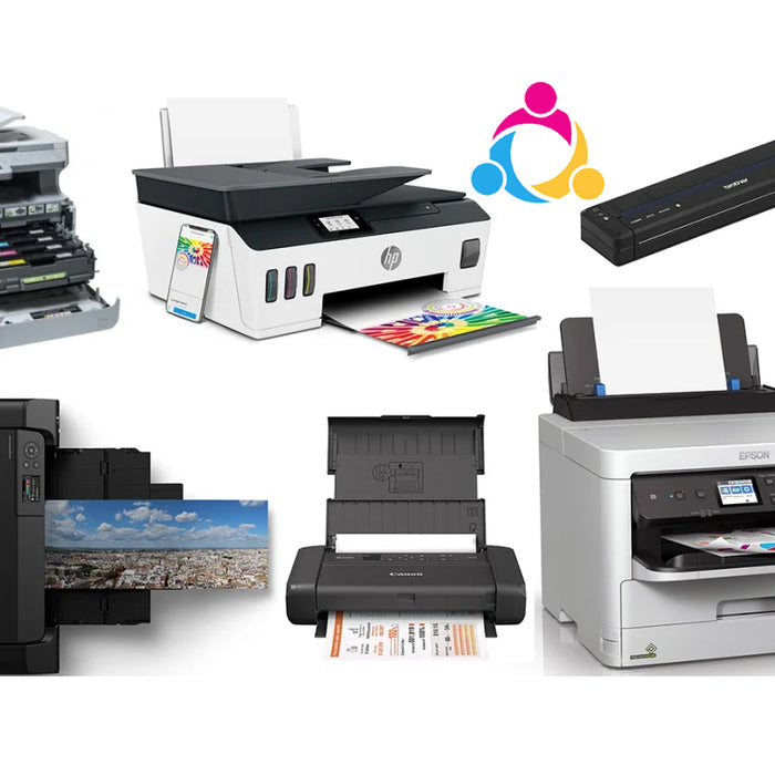 Een afbeelding die verschillende soorten printers laat zien: inkjet, laser, alles-in-één en fotoprinters.